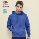 A blue lightweight hooded adult sweatshirt with a front pocket and a logo.