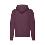 A maroon lightweight hooded adult sweatshirt with a simple design and a logo on the back.