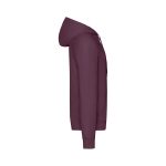 A maroon lightweight hooded sweatshirt for adults, featuring a logo on the front and a full-length zipper.