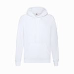 A white lightweight hooded sweatshirt with a front pocket and a logo on the label.