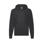 A black lightweight hooded adult sweatshirt with a front pocket and a drawstring hood, featuring a logo.