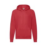 A red lightweight hooded sweatshirt with a kangaroo pocket and a logo on the front.