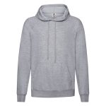 A lightweight hooded sweatshirt in light grey with a double-layered hood and a front kangaroo pocket. It has a logo.
