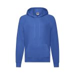 A blue lightweight hooded sweatshirt with a front pocket and a logo. Suitable for casual wear.
