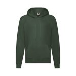A green lightweight hooded sweatshirt featuring a front pouch pocket and a logo on the label.