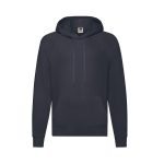 A dark navy hoodie featuring a kangaroo pocket and a hood, with a logo on the label.