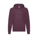 A lightweight hooded sweatshirt in a deep burgundy colour, featuring a front pocket and a logo.