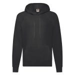 A lightweight hooded sweatshirt in black with a front pocket and a logo on the label.