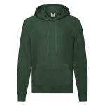 A lightweight hooded sweatshirt in dark green with a front pocket and raglan sleeves. It features a logo.