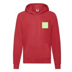 A red lightweight hooded sweatshirt with a front pocket and a small logo on the chest area.