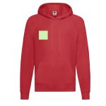 A red hooded sweatshirt with a front pocket and a square patch, featuring a logo on the chest area.