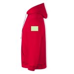 A red lightweight hooded sweatshirt with a kangaroo pocket and a blank patch on the sleeve.