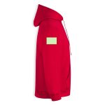 A red lightweight hooded sweatshirt featuring a visible logo area on the sleeve.