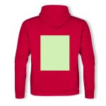 A red lightweight hooded sweatshirt with a blank, light green rectangular area on the back. It features a hood.
