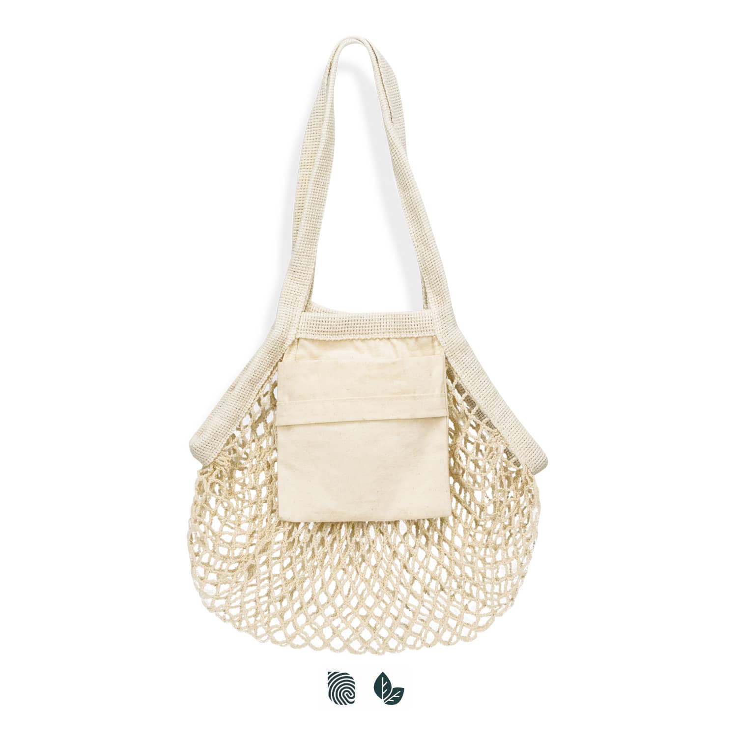 A small, cream cotton mesh tote bag with a solid pocket and straps for carrying. Cotton Mesh Foldaway Tote Bag - Small - Image 1
