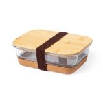 A glass lunch box with a bamboo lid and a cork base, held together with a brown strap. It features a minimalist design.