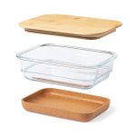 A glass lunch box set featuring a clear glass container, a cork base, and a bamboo lid.