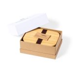 A bamboo lunch box in a brown box with a white lid. It has a brown strap and features a logo.