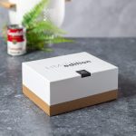 A white and brown lunch box with a logo, resting on a grey surface beside a can and some greenery.