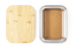 A glass container with a bamboo lid, featuring a smooth, light brown interior. The container has a logo.
