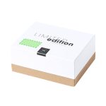 A white box with a brown base, featuring a label for limited edition, and a green outline rectangle.