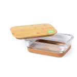 A glass lunch box with a bamboo lid and a cork base, featuring a sleek, modern design.