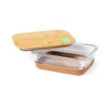 A glass lunch box with a bamboo lid and a cork base, featuring a simple, sleek design.