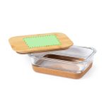 A glass lunch box with a bamboo lid and a cork base, featuring a rectangular design.