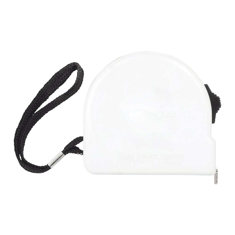 A white locking tape measure with a black strap, suitable for handy measurement tasks. It features a branding logo. Handyman 3m Locking Tape Measure - Image 1