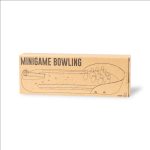 A cardboard box containing a bowling minigame set, featuring illustrations and an embedded logo.