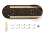 A mini bowling game set with a wooden track, ten white pins, a ball, and a wooden ramp.