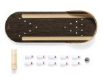 A mini bowling game set featuring a wooden lane, nine white pins, and a bowling ball. Includes a scoring sheet.
