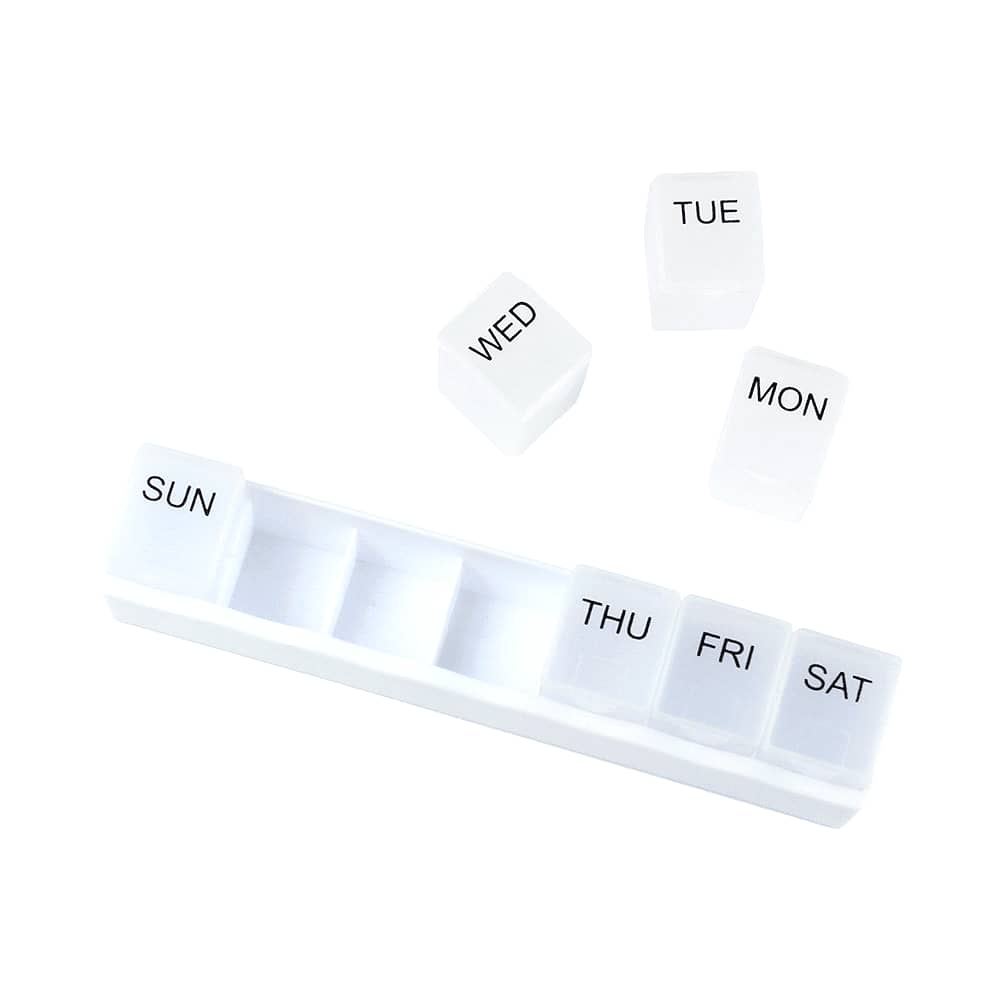 A white weekly pill organiser with compartments for each day of the week and removable labels for Monday to Sunday. Weekly Pill Organiser - Image 1