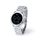 A silver smartwatch with a sleek metallic band and a black display showing timer functions. It features a logo on the dial.