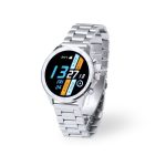 A silver smartwatch featuring a round display, multiple digital functions, and a metal link bracelet.
