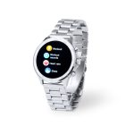 A silver smart watch with a stainless steel bracelet and a digital screen displaying fitness features.