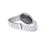 A silver smart watch with a metallic band, featuring a round back and multiple buttons. It has a logo on the back.