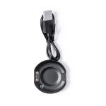 A black USB charging dock for a smart watch, featuring three charging pins and a connecting cable.