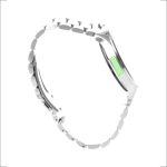 A silver smart watch with a sleek design and a sturdy band, featuring a small logo on the side.