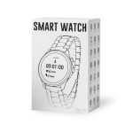 A smart watch in a silver finish displayed on packaging, featuring fitness tracking metrics and a simple design.