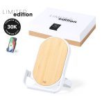 A wireless charger featuring a bamboo top and a white base, presented in a gift box with a logo.