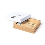 A boxed set featuring a product with a light cardboard exterior and an interior compartment, with a branding logo present.