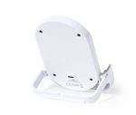 A white wireless charger with a textured finish, featuring a stand and a charging port on the back.