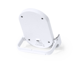 A wireless charger in white, featuring a stand for support and a port on the back. It has a subtle speckled design.