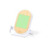 A wireless charger with a wooden top and white base, featuring a stand for device support.