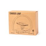 A brown cardboard box containing the Labrum Charger Lamp, featuring a wireless charging design. The box has a logo.