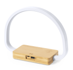 A bamboo wireless charger lamp with a white arch-shaped light, featuring a USB port and charging pad.