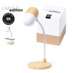 A multifunction lamp featuring a white bulb and wooden accents, set against a simple white and brown box.