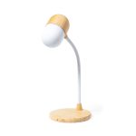 A multifunction lamp with a white shade and wooden accents on a round base. The lamp features a flexible neck.