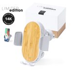 A wireless charger holder with a bamboo charging pad, grey accents, and a branded box in the background.